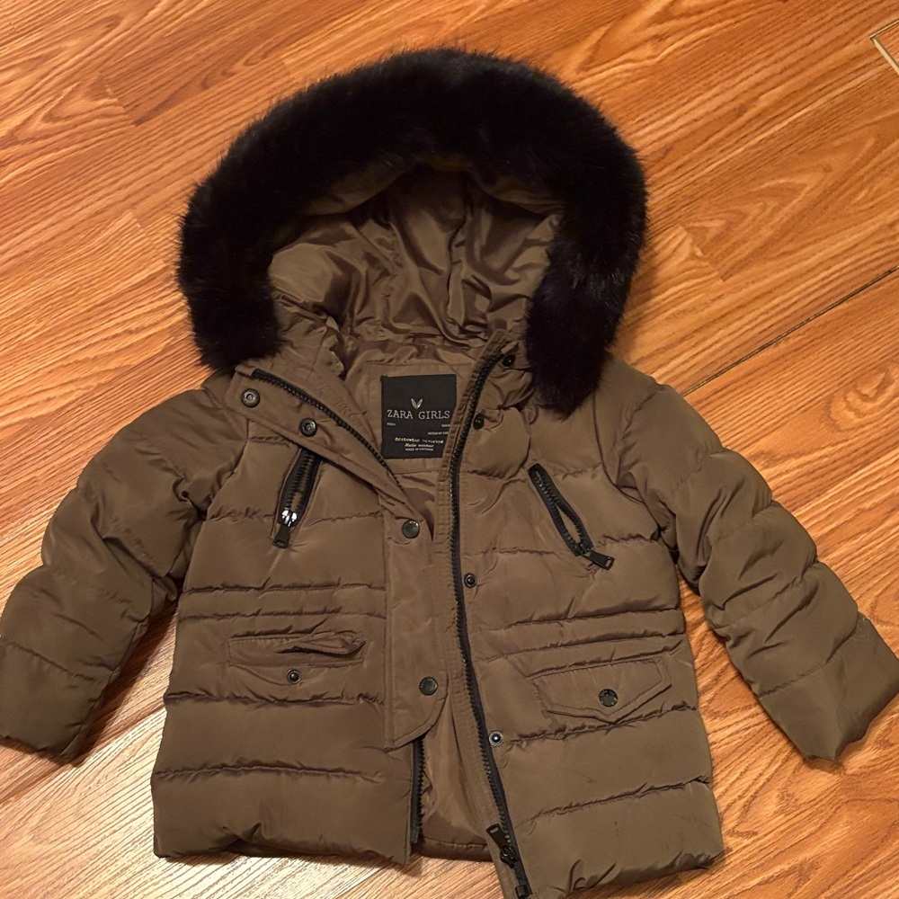 Zara Kids Brown Puffer Coat with Black Faux Fur Trim